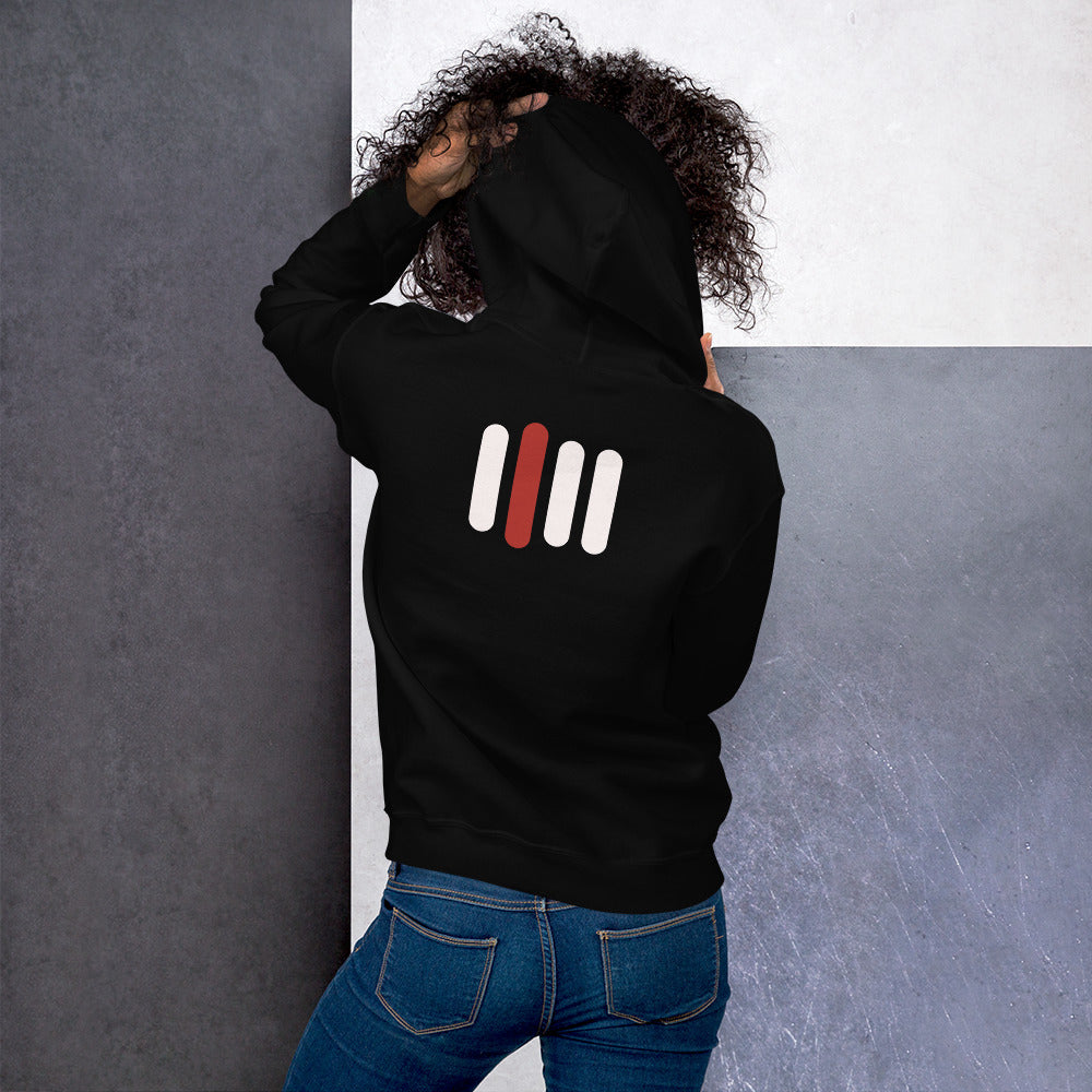 iPii.TV Daily Hoodie in Schwarz – getragene Rückenansicht mit großem Vier-Balken-Zeichen